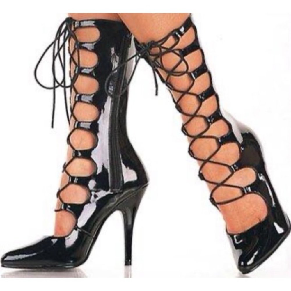 Pleaser Women's Seduce-1049/B Open Front Lace Up Black Boots Size 6